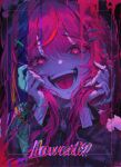  1girl :d absurdres black_shirt blush crazy_smile eyelashes glitch hair_ornament hairclip hanako_nana heart heart-shaped_pupils highres holding_own_hair long_hair long_sleeves looking_at_viewer multicolored_hair open_mouth ozeo0510 parallel_hairclips pink_eyes pink_hair red_streaks shirt smile solo stellive streaked_hair symbol-shaped_pupils teeth tongue upper_body virtual_youtuber x_hair_ornament 
