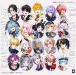  6+boys 6+girls :d :o :p absurdres ahoge akagi_wen akagi_wen_(1st_costume) animal_ear_headphones animal_ears aqua_hair artist_logo artist_name black_choker black_eyes black_gloves black_hair black_horns black_shirt blonde_hair blonde_streaks blue_eyes blue_hair blue_jacket blue_streaks blunt_bangs bone_hair_ornament bow bowtie brown_hair cat_ears cat_girl chain chain_necklace chef_hat chinese_clothes choker collared_shirt colored_tips commentary criss-cross_halter crossed_bangs crown cup demon_horns double_bun drill_hair drinking_glass ear_piercing earclip earrings ex_albio ex_albio_(3rd_costume) eyepatch facial_hair fake_animal_ears fang fangs finger_to_mouth furen_e_lustario furen_e_lustario_(3rd_costume) fuwa_minato fuwa_minato_(2nd_costume) gaon_(nijisanji) glasses gloves gradient_hair green_eyes grey_background grey_hair grin hair_between_eyes hair_bun hair_intakes hair_ornament hairclip halterneck hanfu hat head_rest headphones high_ponytail highres holding holding_cup hood hood_down horns hoshirube_sho hoshirube_sho_(1st_costume) ibrahim_(3rd_costume)_(nijisanji) ibrahim_(nijisanji) idol_clothes index_finger_raised jacket jewelry kaburaki_roco kaburaki_roco_(1st_costume) kirin-chan_(usami_rito) lapels levi_elipha levi_elipha_(4th_costume) logo long_hair looking_at_viewer maid_headdress maria_marionette maria_marionette_(1st_costume) mini_crown mosako multicolored_hair multicolored_horns multiple_boys multiple_girls nagisa_trout nagisa_trout_(1st_costume) name_tag_hair_ornament necklace nijisanji nijisanji_en nijisanji_kr one_eye_closed onotora_(nijisanji) open_mouth orange_hair orange_horns piercing pink_bow pink_bowtie pink_hair ponytail purple_eyes purple_hair purple_streaks rabbit_ear_headphones rabbit_ears red_eyes red_hair red_hood red_streaks saiki_ittetsu saiki_ittetsu_(1st_costume) seraph_dazzlegarden seraph_dazzlegarden_(1st_costume) sharp_teeth shirt short_hair shushing skin_fang sleeves_past_fingers sleeves_past_wrists smile streaked_hair stud_earrings tamanoi_nana tamanoi_nana_(1st_costume) teeth tongue tongue_out tsukino_mito tsukino_mito_(moon!!) twintails two-tone_horns usami_rito usami_rito_(1st_costume) virtual_youtuber vspo! watarai_hibari watarai_hibari_(4th_costume) white_gloves white_jacket wine_glass xiao_guan_(headdress) yang_nari yang_nari_(1st_costume) yano_kuromu yano_kuromu_(3rd_costume) yellow_eyes zhuang_hat 