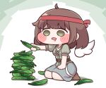  1girl ahoge belt boots brown_boots brown_hair chibi commentary_request cucumber detached_wings drooling fewer_digits food_stack green_eyes green_shirt green_skirt hairband highres kneeling kyuri_(trickcal) medium_hair mouth_drool puffy_short_sleeves puffy_sleeves red_hairband seiza shirt short_sleeves sitting skirt solo suwa_yasai trickcal wings 
