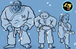  1girl 2boys anniversary armband barefoot belt blue_background blue_theme brandophobia clenched_hands commentary dougi english_commentary fighting_stance flower_ornament hair_ornament highres karate karate_gi karateka_(rhythm_tengoku) looking_down luchador luchador_mask martial_arts martial_arts_belt mask minna_no_rhythm_tengoku monochrome multiple_boys reporter_(rhythm_tengoku) rhythm_tengoku standing standing_on_one_leg wrestler_(rhythm_tengoku) 