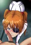  1boy 1girl all_fours angry artist_name blue_eyes blush bodysuit brown_hair censored closed_mouth commentary cum cum_on_body cum_on_hair english_commentary erection evangelion:_3.0+1.0_thrice_upon_a_time eyepatch facial frown furrowed_brow hetero highres long_hair looking_at_viewer male_pubic_hair mosaic_censoring neon_genesis_evangelion nose_blush nude one_eye_covered orange_hair penis pov pov_crotch pubic_hair rebuild_of_evangelion scowl solo_focus souryuu_asuka_langley tokai two_side_up white_bodysuit 