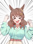  >_< 1girl absurdres animal_ears aqua_shirt belt blush breasts brown_hair commentary ear_ornament ear_scrunchie hair_ornament hairclip happy highres horse_ears horse_girl large_breasts light_hello_(umamusume) lighthalo0324 medium_hair pink_belt shirt solo umamusume 