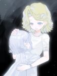  2girls blonde_hair blue_eyes blush child chinese_commentary closed_eyes closed_mouth commentary_request cowboy_shot curtained_hair dress emily_(resident_evil) grace_ashcroft hand_on_another's_head highres hug light_particles looking_at_another moqing785 motherly multiple_girls open_mouth resident_evil resident_evil_requiem shirt short_hair short_sleeves smile t-shirt watch white_dress white_hair white_shirt wristwatch 
