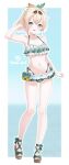 1girl :d alternate_costume arm_up bikini bikini_skirt black_hairband blonde_hair breasts cleavage commentary_request double-parted_bangs frilled_bikini frills full_body hair_flaps hair_ornament hairband halterneck highleg highleg_bikini highres hololive kazama_iroha leaf_hair_ornament looking_at_viewer navel open_clothes open_mouth ponytail ruffle_bikini sandals short_hair side-tie_bikini_bottom small_breasts smile solo standing stomach swimsuit toes toketa-sekai virtual_youtuber 
