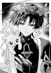  1boy anemo_symbol_(genshin_impact) animal_on_shoulder bishounen blunt_ends bodysuit border bridal_gauntlets cat cat_on_shoulder closed_mouth flower flower_wreath gem genshin_impact greyscale half-closed_eyes hand_on_own_chest houhouhou0103 japanese_clothes kalpalata_lotus kimono looking_at_animal male_focus mandarin_collar middle_ring monochrome open_clothes open_hand open_kimono portrait scaramouche_(genshin_impact) shoulder_peek side_cape smile solo split_mouth tsurime viparyas_flower vision_(genshin_impact) wanderer_(genshin_impact) white_border wispy_bangs 