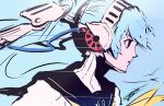  absurdres android aqua_hair black_sailor_collar collar commentary_request floating_hair headgear high_ponytail highres joints labrys_(persona) lipstick long_hair makeup mechanical_arms neckerchief persona persona_4 persona_4:_the_ultimate_in_mayonaka_arena pink_lips ponytail rae_ariadne red_eyes robot sailor_collar school_uniform simple_background summer_uniform yellow_neckerchief 