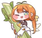  1girl apron blue_eyes bow brown_shirt carrot chibi coat commentary_request detached_wings dirty gradient_hair green_hair highres kyarot_(trickcal) multicolored_hair orange_hair shirt sleeves_past_wrists sugarcane suwa_yasai tongue tongue_out trickcal twintails upper_body white_apron white_background white_coat wings yellow_bow 