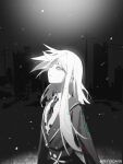  1girl building chinese_commentary commentary_request false_memory green_eyes greyscale highres long_hair looking_up monochrome necktie outdoors power_lines snow solo spot_color utility_pole watermark weibo_username weibo_watermark white_hair yi_(false_memory) yya0ann 