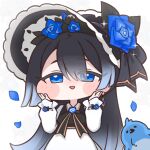  1girl 1other bird black_bonnet black_hair black_ribbon blanchet_(trickcal) blue_bird blue_eyes blue_flower blue_rose bonnet chibi commentary_request dress fewer_digits flower frilled_bonnet frills gold_trim gradient_hair highres looking_at_viewer multicolored_hair petals puffy_sleeves ribbon rose straight_hair suwa_yasai trickcal upper_body white_background white_dress 