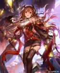  1girl bare_shoulders black_bridal_gauntlets black_thighhighs breasts bridal_gauntlets brown_hair charon_(shadowverse) commentary_request copyright_name demon_girl demon_horns demon_wings dress hammer highres holding holding_hammer horns large_breasts liiko long_hair looking_at_viewer official_art open_mouth outdoors red_dress red_eyes shadowverse shadowverse:_worlds_beyond short_dress smile solo standing thighhighs wings 
