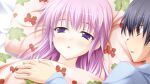  1boy 1girl black_hair blanket blue_pajamas brown_eyes food_print from_above fruit_print game_asset half-closed_eyes head_on_pillow highres hisanaga_kuon konakana_2:_konata_yori_kanata_made_ii long_hair lying minase_(dragon_panda) non-web_source on_back on_side pajamas parted_lips pillow pink_hair profile purple_eyes self-datamine sleeping_together sleepy strawberry_print under_covers 