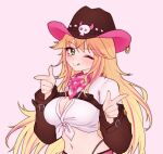  1girl belt blonde_hair breasts brown_sleeves cleavage cowboy_hat cowgirl_(western) eyeshadow facial_mark finger_gun green_eyes hanya_(artist) hat heart heart_facial_mark highres indie_virtual_youtuber long_hair looking_at_viewer lulu_lasso makeup multicolored_hair navel one_eye_closed pink_belt pink_eyeshadow pink_hair shirt smile solo streaked_hair virtual_youtuber white_shirt 