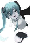  1girl absurdres aqua_hair aqua_necktie aqua_trim black_eyes black_skirt blush breasts colored_skin commentary hatsune_miku highres long_hair necktie skirt small_breasts solo square_hair_ornament tsubakimaru twintails vocaloid warui_koto_wa_shicha_ikenai_yo_(vocaloid) white_background white_skin 