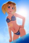  :d bikini blonde_hair blue_eyes breasts commentary_request eyewear_on_head hand_on_hip hayashi_custom lens_flare medium_breasts navel open_mouth original senjugiku_tabane short_twintails smile solo sunglasses swimsuit twintails water 