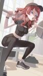  1girl :o above-cleavage_cutout absurdres barbell baseball_cap black_hat black_leggings black_shirt blue_eyes blush breasts clothing_cutout commentary_request crop_top cropped_shirt exercising fingernails full_body furrowed_brow gakuen_idolmaster grey_shoes hanami_saki hands_up hat highres holding idolmaster indoors leggings light_particles long_hair looking_ahead medium_breasts midriff nail_polish open_mouth pink_nails red_hair shirt shoes short_sleeves sneakers solo squat_(exercise) squatting steaming_body sweat swept_bangs v-shaped_eyebrows watch weightlifting weights window wristwatch yuusuke_(yyy_xp) 