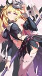  1girl absurdres animal_print bare_shoulders bat_print blonde_hair breasts claret_flint closed_mouth commentary_request cowboy_shot detached_sleeves hair_ornament hair_ribbon hand_up highres holding holding_weapon large_breasts long_hair looking_at_viewer navel pink_background red_eyes red_nails red_ribbon ribbon shadow solo sphere_hair_ornament tang_ke thighhighs twintails weapon white_thighhighs zenless_zone_zero 
