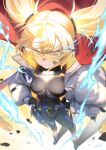  1girl absurdres bandaid bandaid_on_cheek bandaid_on_face black_bodysuit black_gloves blonde_hair blue_eyes bodysuit breasts cape closed_mouth coat commentary_request electricity fang glasses gloves goddess_of_victory:_nikke highres impossible_bodysuit impossible_clothes jacket kuremon laplace_(nikke) laplace_(ultimate_hero)_(nikke) long_hair long_sleeves looking_at_viewer official_alternate_costume open_clothes red_cape sidelocks skin_fang small_breasts smile solo tinted_eyewear twintails yellow-tinted_eyewear 