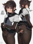  1boy alterkyon anal anal_beads anal_object_insertion black_bodysuit black_hair black_headband bodysuit brown_hair crossdressing crossdressing_(mtf) english_text gloves hachimaki hair_flaps hairband hatsuzuki_(kancolle) headband highres kantai_collection male_focus male_penetrated neckerchief object_insertion pantyhose penis pleated_skirt school_uniform serafuku sex_toy short_hair skirt small_penis torn_clothes torn_pantyhose trap yellow_eyes 