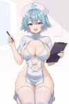 1girl :d blue_hair breasts cleavage clipboard clothing_cutout commentary_request cross cross_print full_body hair_between_eyes hat highres holding holding_clipboard holding_pen kneeling large_breasts li_maipha_(ayamo_kaoru) looking_at_viewer multicolored_hair nakamura_nagare navel navel_cutout no_shoes nurse_cap open_mouth original pen pink_hair pink_streaks red_eyes revealing_clothes short_hair short_sleeves shrug_(clothing) simple_background sitting smile solo streaked_hair thighhighs thighs two-tone_hair white_background white_shrug white_thighhighs 
