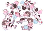  >_< 1girl anger_vein astronaut brown_hair clone closed_eyes commentary_request creature falling gloves helmet highres kabonacii korean_commentary multiple_others multiple_views open_mouth original short_hair simple_background space_helmet spacesuit white_background 