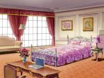  bed bedroom blanket book cabinet canopy_bed carpet chair chest_of_drawers computer couch curtains desk desk_lamp drawer drawing_(object) floral_print flower flower_pot game_asset indoors lamp laptop mahou_senshi_(series) mahou_senshi_symphonic_knights no_humans non-web_source official_art painting_(object) pillow pink_flower pink_rose plant portrait_(object) potted_plant red_flower rose rug scenery self-datamine stairs table vase visual_novel_cg window 