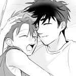 2boys alien_stage commentary cuddling drooling english_commentary fang fang_out greyscale hand_on_another's_head highres ivan_(alien_stage) male_focus monochrome multiple_boys short_hair sleeping till_(alien_stage) very_short_hair xialsdivan yaoi 