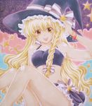  :d absurdres acrylic_paint_(medium) bangle bare_shoulders blonde_hair bow bracelet braid brown_eyes frills hat hat_bow highres jewelry kirisame_marisa long_hair marker_(medium) midriff open_mouth ribbon single_braid skirt smile solo star touhou traditional_media w0ru witch_hat 