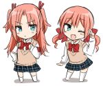  2boys :< :d ;d arikawa_hime arikawa_kaguya arm_at_side armband blue_eyes blush bow bowtie brothers brown_sweater_vest chibi commentary_request crossdressing crossdressing_(mtf) fang full_body grey_skirt hair_bow hair_ribbon hand_on_own_hip hand_up himegoto kneehighs long_hair long_sleeves looking_at_viewer low_twintails male_focus miniskirt multiple_boys multiple_traps no_shoes one_eye_closed open_mouth parted_bangs pink_hair plaid_clothes plaid_skirt pleated_skirt red_armband red_bow red_bowtie red_ribbon ribbon siblings side-by-side simple_background skirt smile socks standing sweater_vest trap tsukudani_norio twintails two_side_up v v-shaped_eyebrows white_background white_socks 