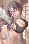  1boy 1girl :o absurdres ass azur_lane black_bra black_hair blush bra breasts censored cleavage clothes_lift commentary_request commission dolphin_shorts door hair_ribbon hetero highres indoors large_breasts long_hair looking_at_viewer makudesu manjuu_(azur_lane) novelty_censor official_alternate_costume open_mouth pamiat_merkuria_(azur_lane) pamiat_merkuria_(pick_and_choose!)_(azur_lane) purple_eyes purple_ribbon ribbon shirt shirt_lift short_shorts shorts sidelocks sports_bra standing torso_grab underwear v white_shirt white_shorts wooden_floor 