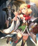  1boy 1girl ankle_boots belt black_boots black_coat black_pants black_skirt black_thighhighs blonde_hair blue_eyes boots bow bowtie breasts brick_wall coat collarbone commentary_request detached_sleeves eleanor_(shadowverse) flower green_shirt grey_hair hair_between_eyes hair_flower hair_ornament high_heel_boots high_heels highres irua medium_hair nicola_(shadowverse) official_art open_clothes open_coat open_mouth outdoors pants pleated_skirt purple_eyes red_bow red_flower shadowverse shadowverse:_worlds_beyond shirt short_hair skirt small_breasts smile thighhighs white_shirt 