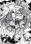  1boy 1girl angry bandaged_head bandages black_background blood bloodshot_eyes breasts broken_glass claws commentary constricted_pupils dragon_horns fangs fourth_wall furious furrowed_brow glass glowing glowing_eyes granblue_fantasy greyscale hk_nh3cooh horns large_breasts long_hair monochrome open_mouth orologia_(female) orologia_(male) parted_bangs portrait purple_eyes sharp_teeth simple_background split_theme spot_color straight-on teeth veiny_face wavy_hair wide-eyed 