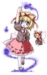  :o arm_up blonde_hair blue_eyes bow bubble_skirt doll hair_bow hair_ribbon hand_up kugelschreiber medicine_melancholy open_mouth outstretched_arm ribbon short_hair skirt solo su-san touhou wings 