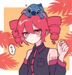  1girl ? bare_shoulders black_eyes black_shirt black_sleeves blue_fur border breast_pocket buttons claws closed_mouth collared_shirt commentary_request creature creature_on_head detached_sleeves double-parted_bangs drill_hair hair_between_eyes hand_up highres kasane_teto kasane_teto_(utau) lilo_&amp;_stitch number_tattoo orange_background outside_border pocket red_eyes red_hair red_trim rirurima25 shirt shoulder_tattoo sidelocks sleeveless sleeveless_shirt speech_bubble split_mouth stitch_(lilo_&amp;_stitch) tattoo translation_request twin_drills upper_body utau white_border wing_collar 