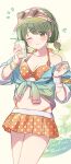  1girl bikini bikini_skirt blue_jacket blue_nails bracelet breasts closed_mouth commentary_request cup drinking_glass eyewear_on_headwear green_eyes green_hair green_visor_cap hair_ornament heart heart-shaped_eyewear highres holding holding_cup idolmaster idolmaster_shiny_colors jacket jewelry knokzm looking_at_viewer low_twintails medium_hair nail_polish nanakusa_nichika navel one_eye_closed orange_bikini pink-framed_eyewear polka_dot polka_dot_bikini short_twintails small_breasts smile solo stomach sunglasses swimsuit tied_jacket twintails visor_cap x_hair_ornament 