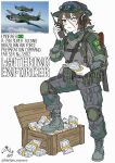  1girl ammunition_pouch backpack bag belt blackd09 blind_eye boonie_hat boots breasts brown_hair camouflage camouflage_jacket camouflage_pants english_text explosive full_body green_jacket green_pants green_scarf hat headphones heterochromia highres humanization jacket knee_pads medium_breasts open_mouth original pants personification pouch scar scar_across_eye scar_on_face scarf short_hair simple_background solo stepping_on_object talking walkie-talkie white_background yellow_eyes 
