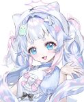  1girl :d blue_eyes blue_hair blush bow didi_oo dress hair_ornament hat highres long_hair looking_at_viewer multicolored_hair open_mouth original pink_bow pink_hair short_eyebrows short_sleeves smile solo star_(symbol) star_hair_ornament striped_background sweater twintails upper_body white_background 
