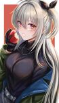  1girl absurdres apple arknights belt belt_buckle black_gloves black_shirt blue_jacket breasts buckle commentary food fruit gloves green_jacket grey_belt grey_hair hair_between_eyes highres holding holding_food holding_fruit jacket jewelry kemurikemu long_hair long_sleeves looking_at_viewer medium_breasts necklace off_shoulder open_mouth purple_eyes red_eyes shirt skadi_(arknights) skadi_(the_next_afternoon_tea)_(arknights) solo turtleneck turtleneck_shirt twitter_username two-sided_fabric two-sided_jacket watermark 