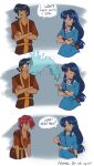  1boy 2girls avatar:_the_last_airbender avatar_legends bag black_hair blue_choker blue_dress blue_hair braid brown_bag brown_vest choker cosplay crossed_arms dress english_text genderswap genderswap_(mtf) hand_on_own_hip highres hydrokinesis katara katara_(cosplay) long_hair multiple_girls naimea-fanart pink_hair ranma_1/2 saotome_ranma saotome_ranma_(female) saotome_ranma_(male) single_braid speech_bubble splashing tendou_akane transformation vest water wide-eyed zuko zuko_(cosplay) 