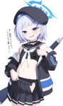  1girl absurdres beret black_bra black_choker black_hat black_jacket black_panties black_sailor_collar black_serafuku black_shirt black_skirt blue_archive blue_eyes blue_halo bra breasts choker clothes_lift commentary_request cowboy_shot flashing grey_hair gun gun_on_back halo hat highres jacket jacket_partially_removed lifting_own_clothes long_sleeves looking_at_viewer miniskirt navel neckerchief open_clothes open_fly open_mouth open_skirt panties pleated_skirt sailor_collar school_uniform serafuku shijima_(shijima_tc) shirt shirt_lift short_hair simple_background skirt sleeveless sleeveless_shirt small_breasts smile solo standing stomach sumika_(blue_archive) sweat translation_request underwear weapon weapon_on_back weapon_request white_background white_neckerchief 