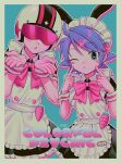  1boy 1girl absurdres animal_ears blue_eyes blue_hair blush blush_stickers commentary_request crossdressing crossdressing_(mtf) fake_animal_ears helmet highres looking_at_viewer maid maid_headdress male_maid menma_(enaic31) one_eye_closed original parted_lips puffy_short_sleeves puffy_sleeves purple_hair short_hair short_sleeves translated 