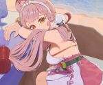  1girl absurdres alice_thymefield alice_thymefield_(sea_of_thyme) animal_ears beach blonde_hair blush braid breasts commentary cter34692783 day dress_swimsuit from_side hair_ornament heterochromia highres large_breasts leaning_forward leaning_on_table long_hair looking_at_viewer ocean official_alternate_costume one-piece_swimsuit outdoors pink_one-piece_swimsuit rabbit_ears rabbit_girl red_eyes sand sphere_hair_ornament swimsuit table twintails two-tone_one-piece_swimsuit water white_one-piece_swimsuit yellow_eyes zenless_zone_zero 