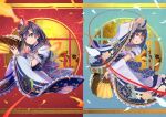  2girls aiguillette black_hair commentary commentary_request cosplay detached_sleeves epaulettes fascinator floral_print folding_fan furisode_sleeves grey_eyes hair_ornament hand_fan highres holding holding_fan japanese_clothes ketsui_no_hikari kimono long_hair looking_at_viewer love_live! love_live!_nijigasaki_high_school_idol_club macken666 mifune_shioriko mifune_shioriko_(cosplay) multiple_girls red_background solo string string_of_fate tassel tilted_headwear upper_body white_sleeves yuki_setsuna 
