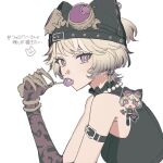  1girl ampico animal_hat arm_strap black_hat blonde_hair candy cat_hat commentary_request fake_claws food goggles goggles_on_headwear gradient_hair hat identity_v jellyfish_cut lollipop looking_at_viewer multicolored_hair portrait purple-tinted_eyewear purple_eyes short_hair solo streaked_hair symbol-shaped_pupils tank_top tinted_eyewear tongue tongue_out tracy_reznik tracy_reznik_(lock_core) white_streaks 