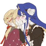  2girls apron black_dress blonde_hair blue_hair blush braid braided_bangs capelet closed_eyes colored_inner_hair dress from_side hair_intakes hair_ornament hand_on_another's_shoulder hands_on_another's_cheeks hands_on_another's_face hands_up highres kiperina kiss long_hair low_ponytail mossi_(mossi0816) multicolored_hair multiple_girls ponytail red_capelet reverse:1999 sailor_senshi_uniform star_(symbol) star_hair_ornament sweat upper_body voyager_(reverse:1999) white_apron white_background yuri 