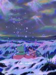  1girl absurdres commentary computer desk dress english_commentary flakzy floral_print floral_print_dress highres neon_lights ocean original outdoors print_dress scenery solo star_(symbol) weirdcore window_(computing) 