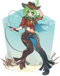 1girl arm_up bandolier belt black_chaps blue_pants blush breasts brown_belt brown_hat brown_shoes carrot chaps cleavage commentary cowboy_hat cowgirl_(western) flannel freckles green_eyes green_hair gumi hand_on_headwear hat highres holding holding_whip medium_breasts nako_nko navel pants parted_lips pigeon-toed plaid_clothes plaid_shirt shirt shoes short_hair short_sleeves sleeves_rolled_up smile solo tied_shirt twitter_username vocaloid whip 