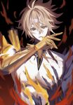  1boy abs ai_se_na antenna_hair armor black_background black_bridal_gauntlets blonde_hair blood blood_from_mouth bridal_gauntlets colored_blood commentary cracked_skin fire gauntlets gradient_background hair_between_eyes hand_up highres honkai:_star_rail honkai_(series) large_pectorals long_hair_between_eyes looking_at_viewer male_focus muscular muscular_male orange_eyes pale_skin pauldrons pectorals phainon_(honkai:_star_rail) phainon_(khaslana)_(honkai:_star_rail) red_background short_hair shoulder_armor shoulder_spikes simple_background single_gauntlet single_pauldron solo spikes teeth v-shaped_eyebrows yellow_blood 