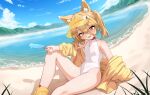  1girl 5cmremilia above-cleavage_cutout absurdres alternate_costume animal_ear_fluff animal_ears beach blonde_hair blue_archive clothing_cutout commentary_request cosplay fang food fox_ears fox_girl fox_tail glasses hair_between_eyes highleg highleg_one-piece_swimsuit highres holding holding_food holding_popsicle jacket kudamaki_tsukasa looking_at_viewer ocean one-piece_swimsuit open_clothes open_jacket open_mouth orange-tinted_eyewear popsicle seia_(blue_archive) seia_(blue_archive)_(cosplay) seia_(swimsuit)_(blue_archive) sitting smile solo swimsuit tail thighs tinted_eyewear touhou visor_cap white_one-piece_swimsuit yellow_eyes yellow_jacket yellow_visor_cap 