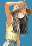  1girl arm_at_side arm_up armpit_focus armpits black_eyes black_hair blue_sky brown_hat clear_sky commentary_request day denim from_side grey_pants hat highres jeans looking_at_viewer looking_to_the_side open_mouth original outdoors pants sako_(35s_00) shading_eyes signature sky solo summer tank_top turning_head upper_body wavy_hair yellow_tank_top 