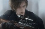  1boy beard_stubble black_gloves black_shirt blue_eyes brown_hair chinese_commentary commentary_request commission curtained_hair facial_hair gloves gun gun_sling highres holding holding_gun holding_weapon laigenxianchangchang leon_s._kennedy lips male_focus mixed-language_commentary nose parted_lips portrait resident_evil resident_evil_requiem rifle scope shirt short_hair solo stubble watermark weapon 